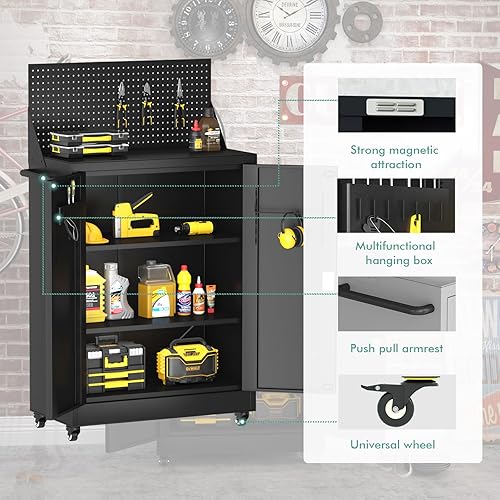Miniatura 3 de yoyomax Armario de almacenamiento de metal con 4 ruedas bloqueables, carrito de herramientas móvil de 43 pulgadas con 2 puertas, 2 estantes