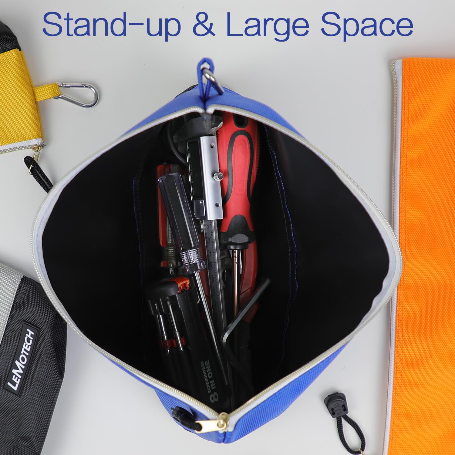 LeMotech Bolsa de herramientas con cremallera, bolsa de herramientas de pie con mosquetones, bolsa de utilidad, bolsa de almacenamiento resistente al agua, varios tamaños azul/naranja/gris/amarillo,