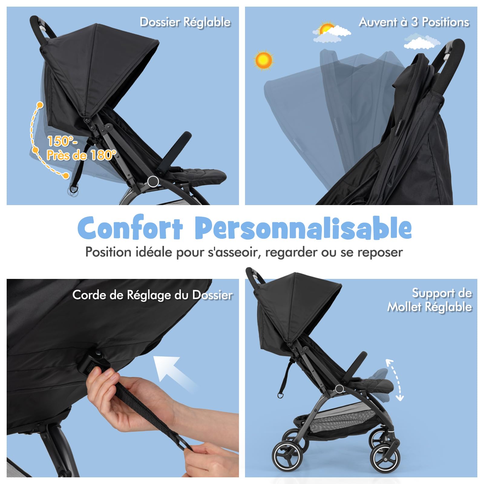 GOPLUS Poussette Canne Compacte pour 6+ Mois, Poussette Bebe Légère 6,2KG avec Capote Ajustable, Panier de Rangment, Harnais 5 Points, Penus EVA Tout Terrain, Pliage à Une Main (Noir)