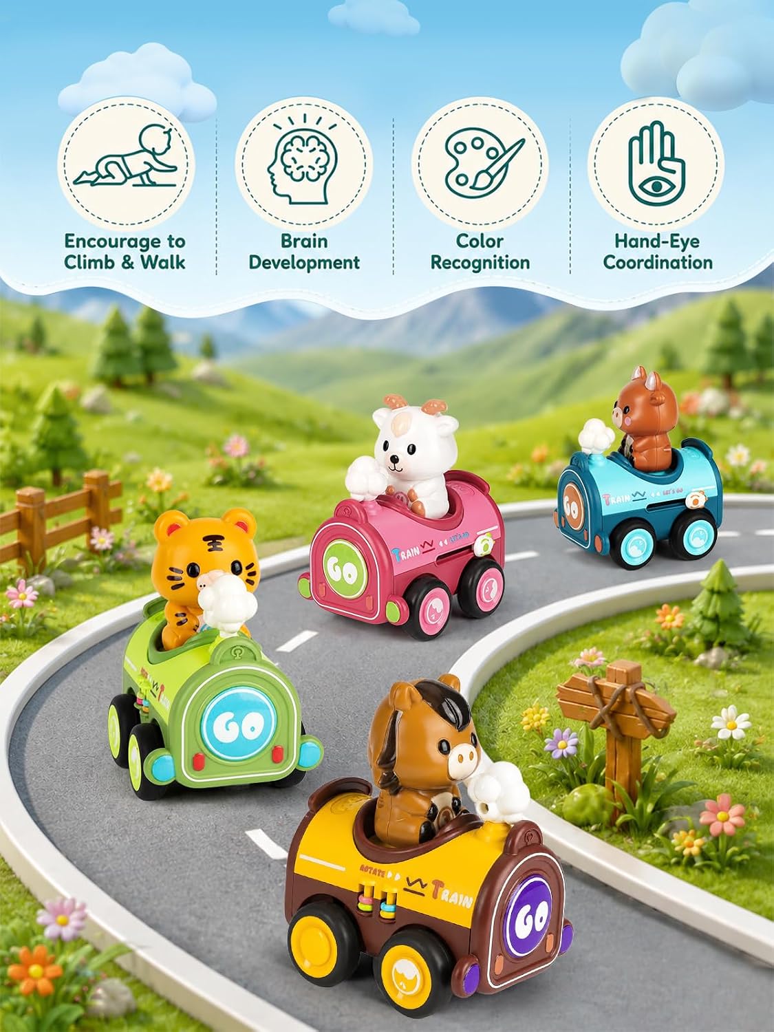 4 Pack Magnetic Connect & Press to Go Car Toys for Boys and Girls | Animal Cars with Detachable Finger Puppets, Fine Motor Push Down Vehicle for Toddlers 18M+, Birthday Gift for Baby Kids