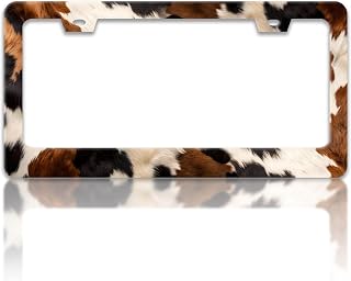 Brown Balck White Cow Print License Plate Frame Stainless Steel 6x12 Inch