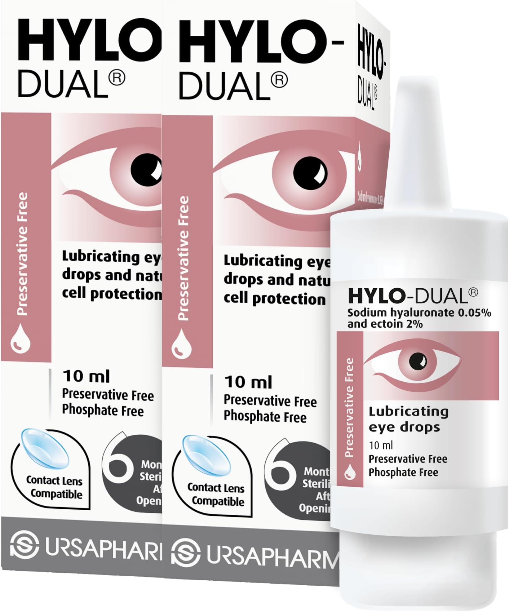 HYLO Dual Double Pack- Preservative Free Eyedrops - Contains 0.05% Sodium Hyaluronate and 2% Ectoin - Moisturises Dry Eyes and Reduces Allergic Symptoms - 2 x 10ml