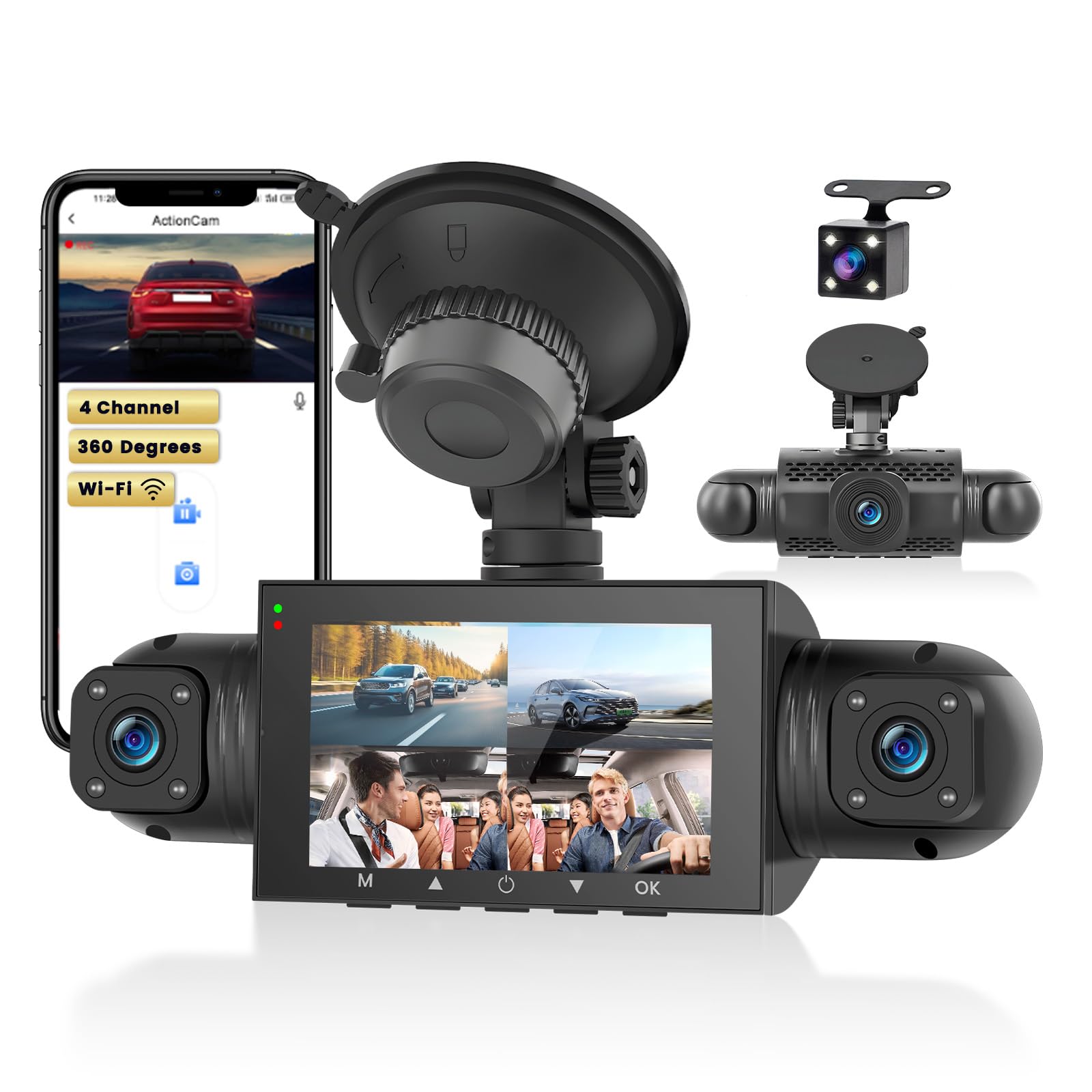 WiFi Dashcam Coche Delantero Trasero Interior, 4 Canales Dash CAM 1080P, Cámara para Coche 360°con Sensor-G Visión Nocturna Asistencia de Respaldo Detección de Movimiento