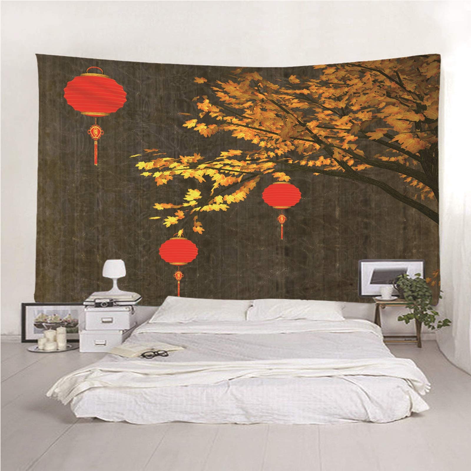 Dywan na ścianę skandynawski, gobelin, dekoracja na ścianę, 350 x 256 cm, ozdoba na ścianę, psychodeliczna, latarnia, drzewo klonowe, dywan ścienny do sypialni, salonu, dekoracja