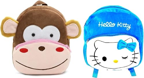 blue tree Kids School Bag Combo Soft Plush Backpack Cartoon Bags Mini Travel Bag for Children Girls Boys (Monkey & New Blue Kitty)