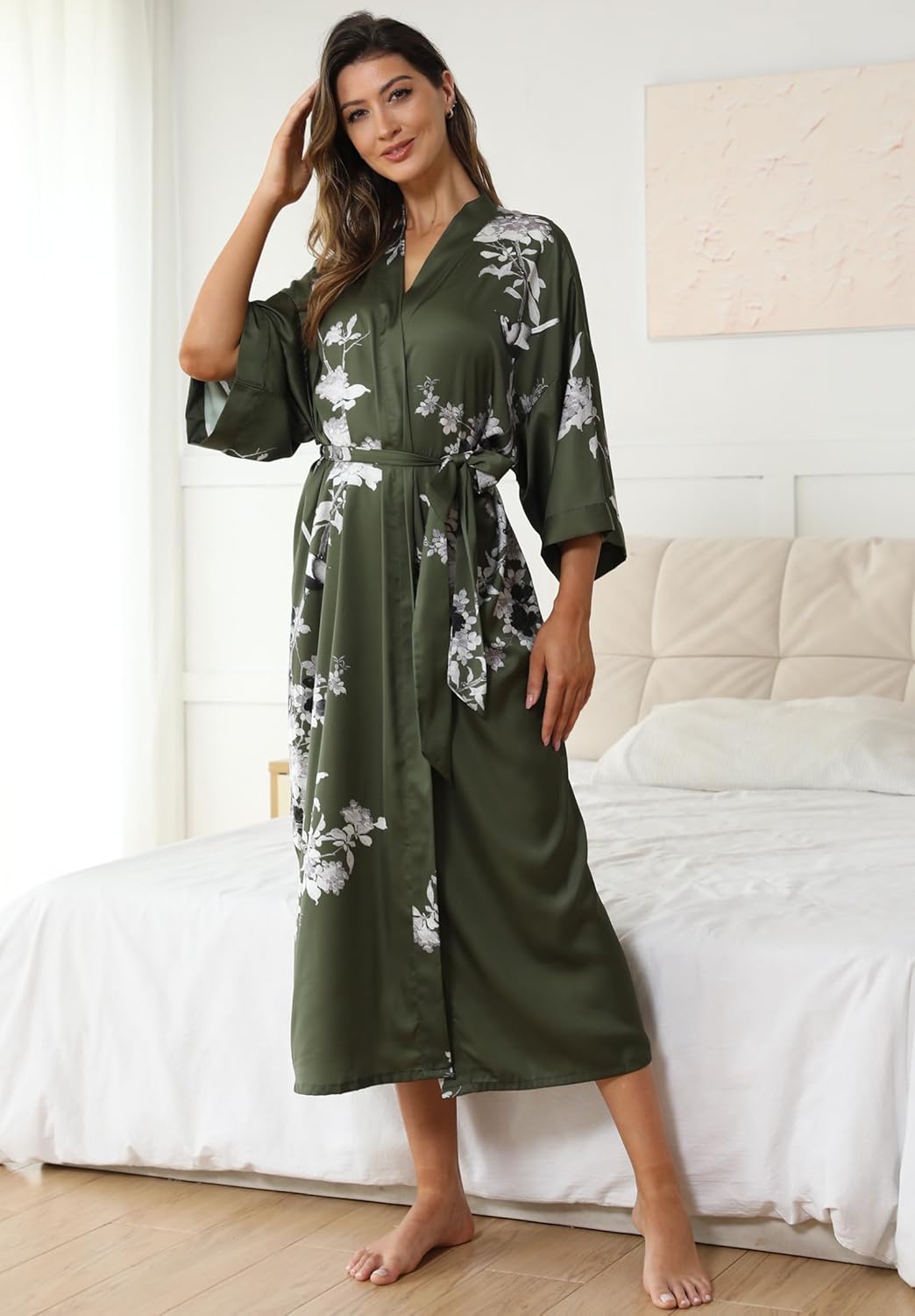 Kihnop Women's Floral Long Kimono Robe Long Satin Robe Long Silk Robe Ladies Kimonos Silky Bathrobe Cover Up, One Size - Image 4