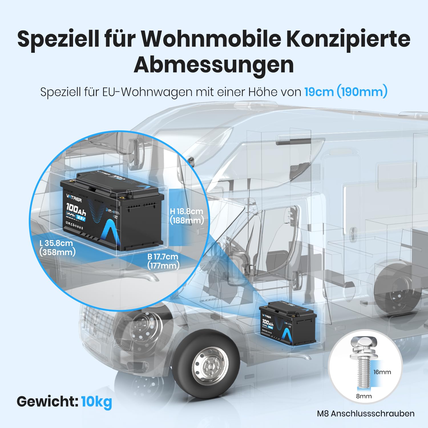VATRER POWER 12V 100Ah LiFePO4 DIN H8/D5 Untersitz Batterie | Bluetooth APP · 100A Smart BMS · H190 Untersitz-Design · Für Wohnmobil & Caravan