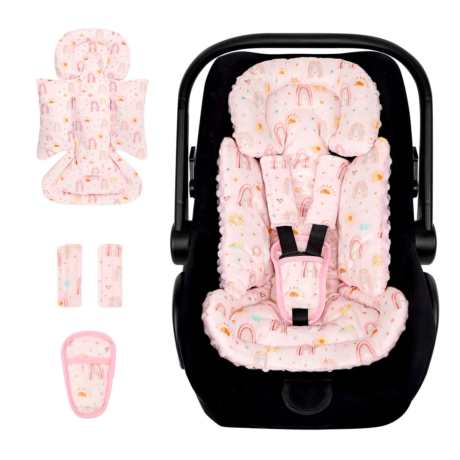 CARUILI Infant Car Seat Insert and Strap Covers, Very Soft Car Seat Head Support Baby Girl Boy, Reversible Newborn Carseat Insert Cushion Fits for