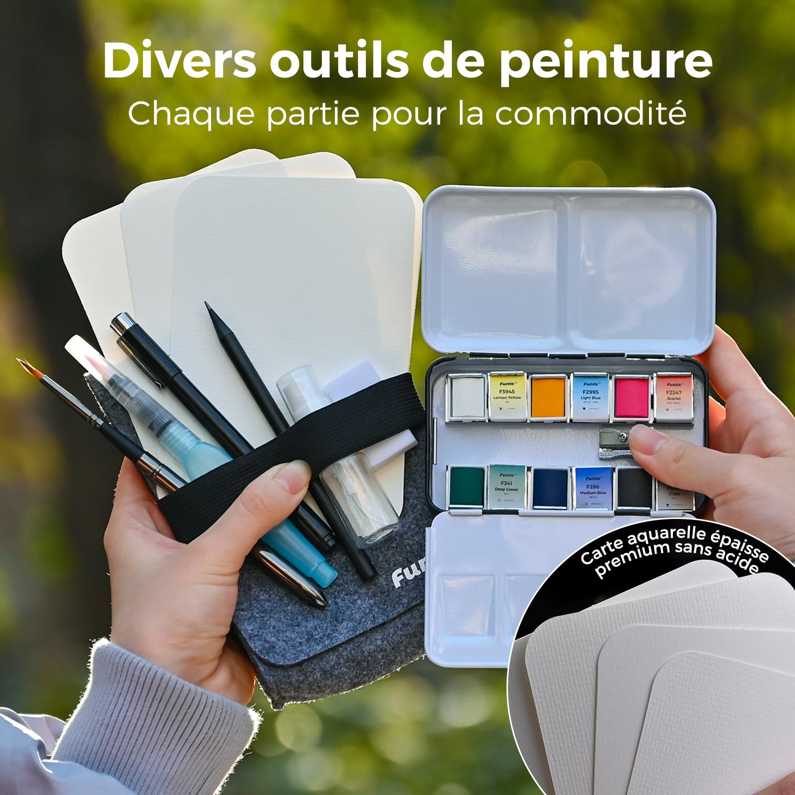 Set de voyage à l'aquarelle Funto 12 couleurs, 10 cartes postales, pinceau, stylo, crayon pour adultes