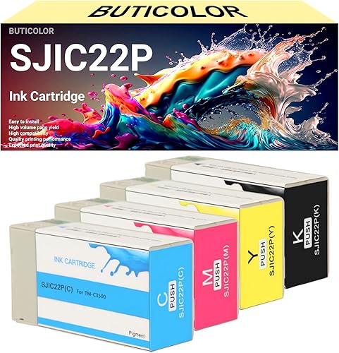 BUTICOLOR SJIC22P Cartuchos de tinta C33S020577 C33S020581 C33S020582 C33S020583 Compatible con impresoras TM-C3500 TM-C3510 TM-C3520 Lable (negro,