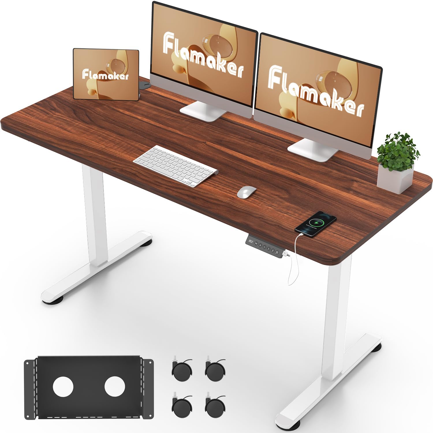 Flamaker Escritorio de altura regulable de 140 x 60 cm, altura regulable, eléctrico con carga USB y ruedas de 360° (nogal y blanco)