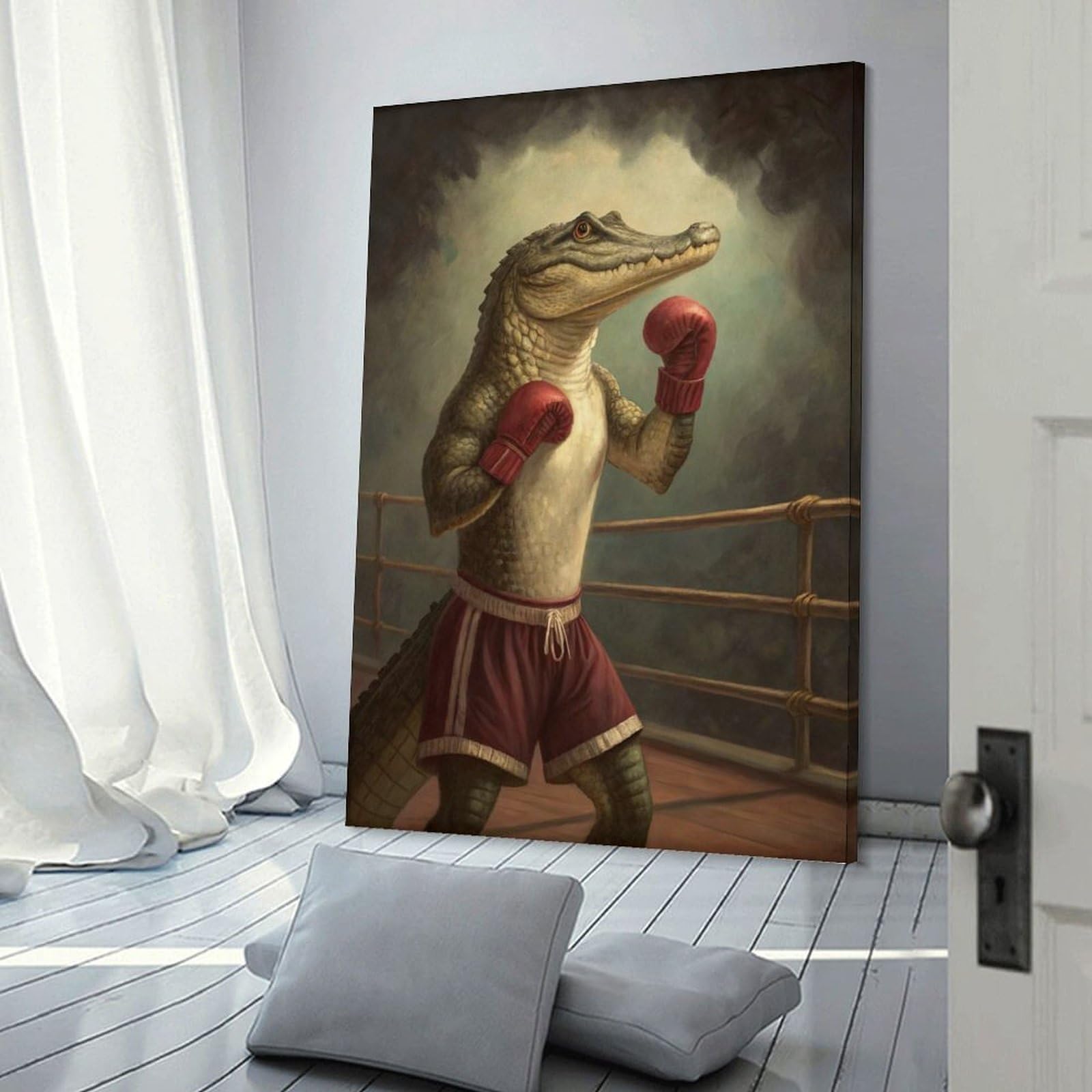 Junmoney Boxing Alligator in Ring Canvas Art Print, 24x36inch(60x90cm), for Bedrooms, Workspaces And Everyday Interiors, A Flexible Wall Accent for Shared Spaces