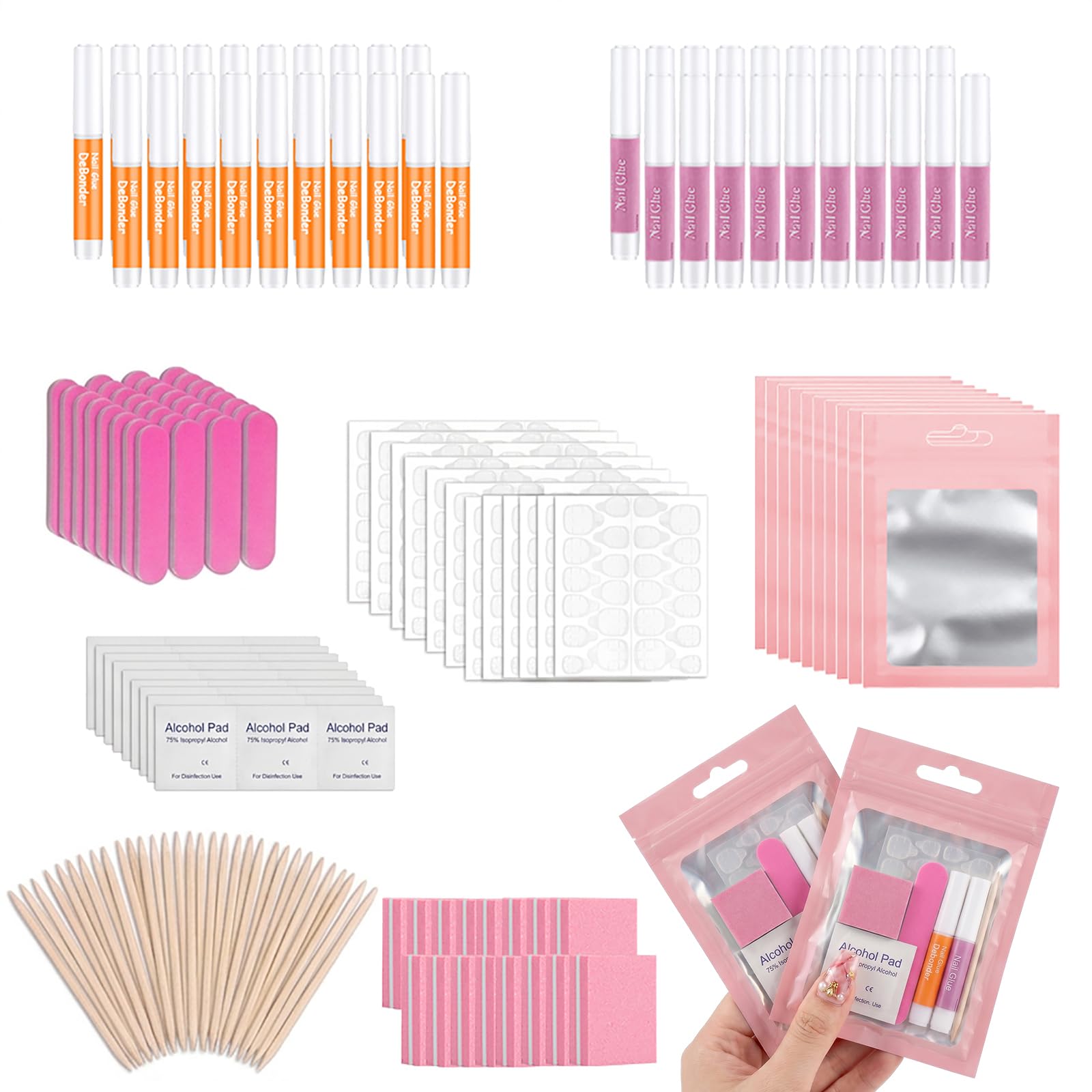20 Set Press On Nail Tool Kit: Nail Prep Kit with Nail File, Nail Glue, Glue Remover, Adhesive Tabs, Prep Pads, Sticks, Holographic Bag, Disposable Nail Supplies Kits for Nail Business