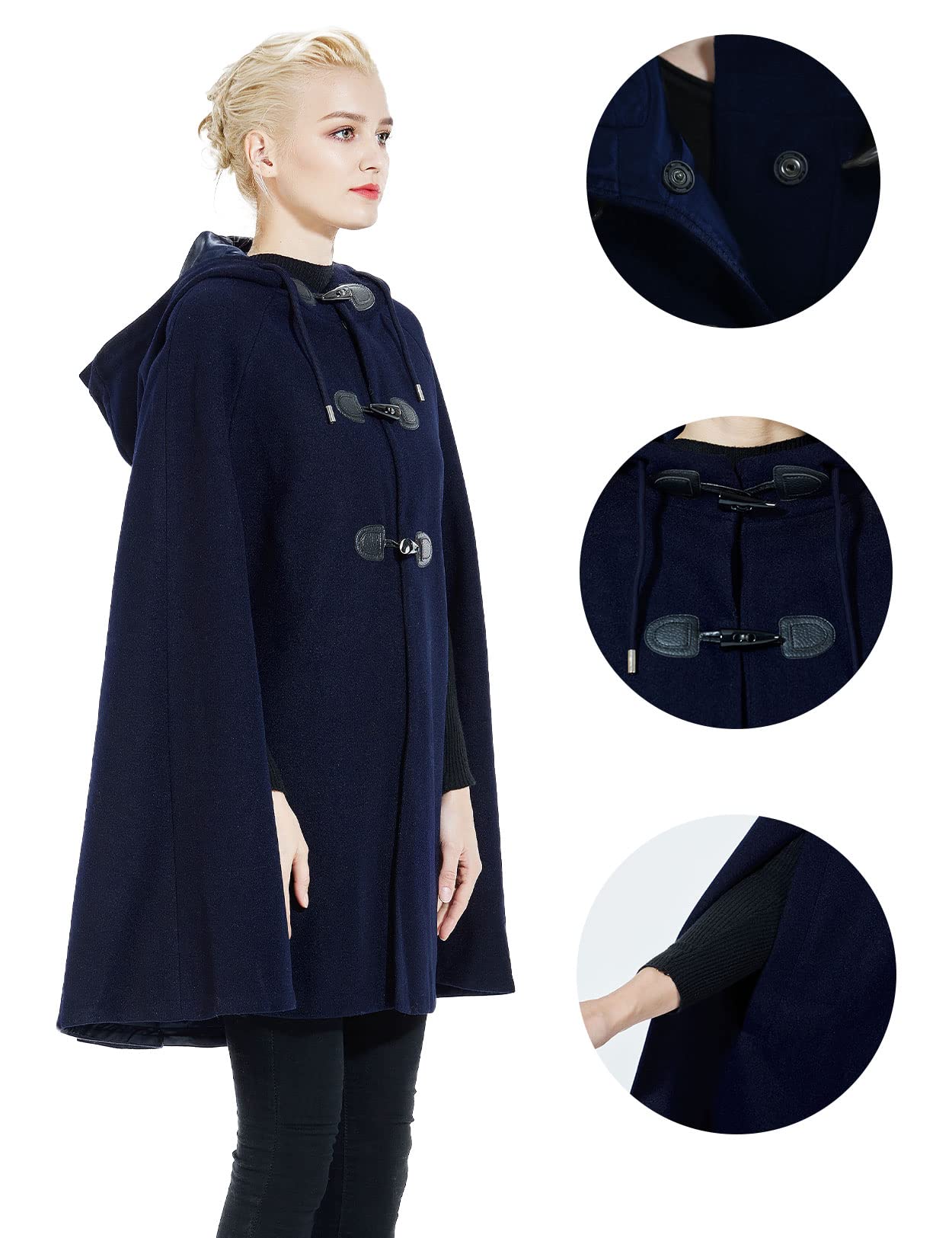 BEAUTELICATE Abrigo de Capa Mujer Chaqueta Encapuchado de Mezcla de Lana Poncho Largo con Botones de Cuerno Moda para Invierno Otoño