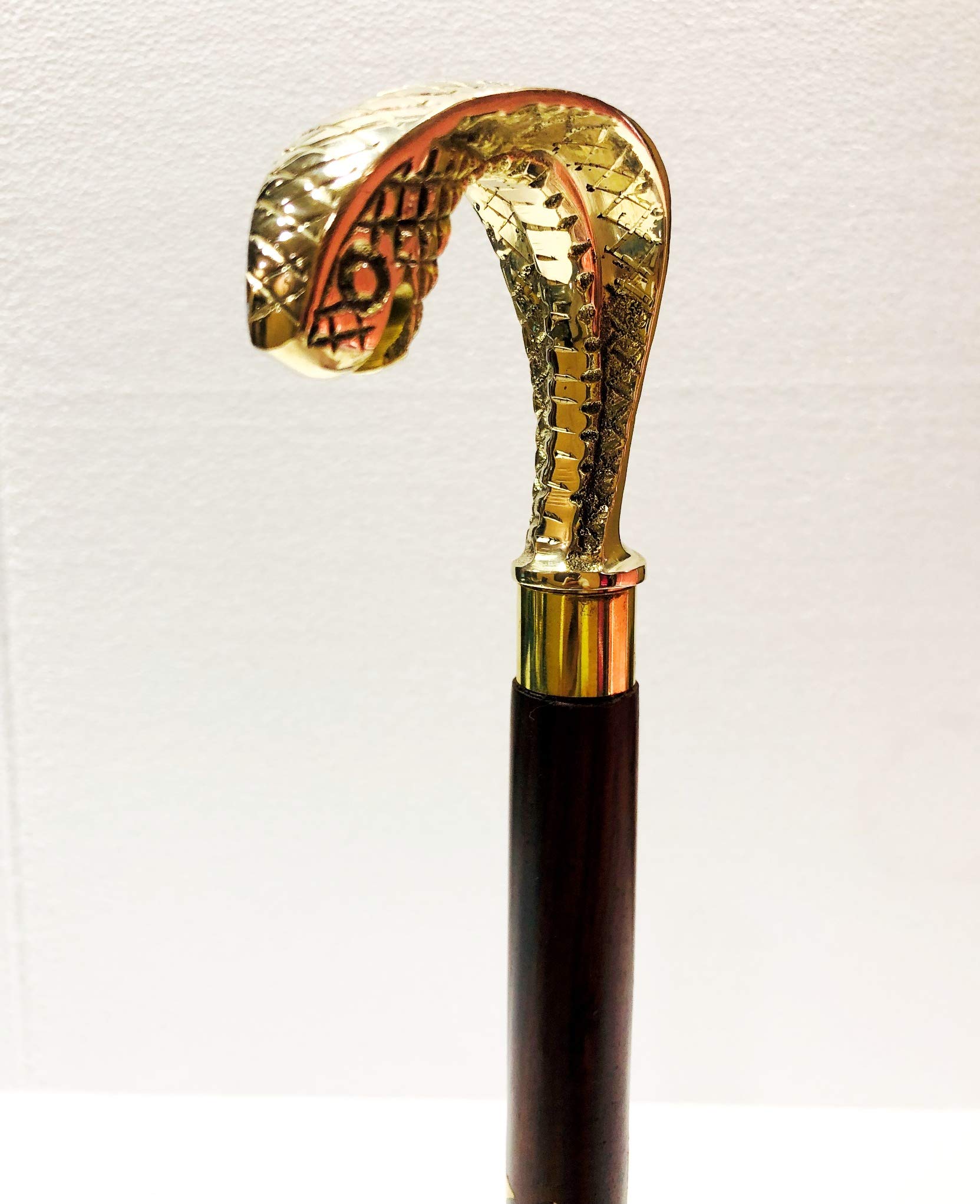 Antique Brown Handmade Shiny Brass Snake Handle Victorian Designer Wooden Walking Stick Cane