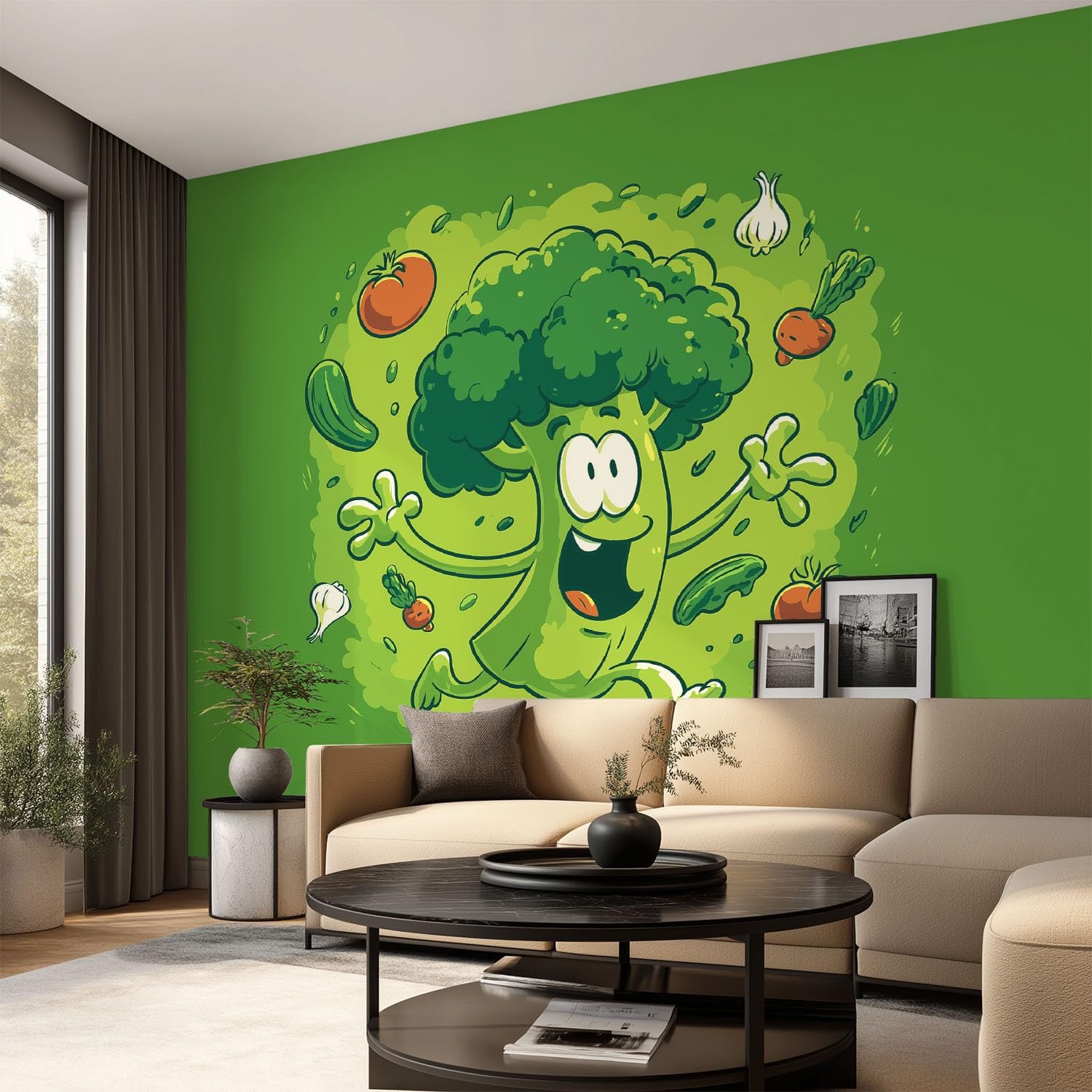 Wanddekoration Fototapete 350 x 256 cm, kindlich Cartoon lebhaft Brokkoli Gemüse Spiele, Wandtapete grün für Kinderzimmer Essbereich Küche, Vliestapete Wandbild als Wanddeko