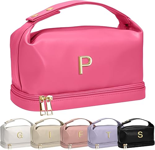 Vista 216 de Regalos Vogewood para mujeres, bolsa de maquillaje personalizada con asa, bolsa de cosméticos inicial de doble capa con organizador de brochas