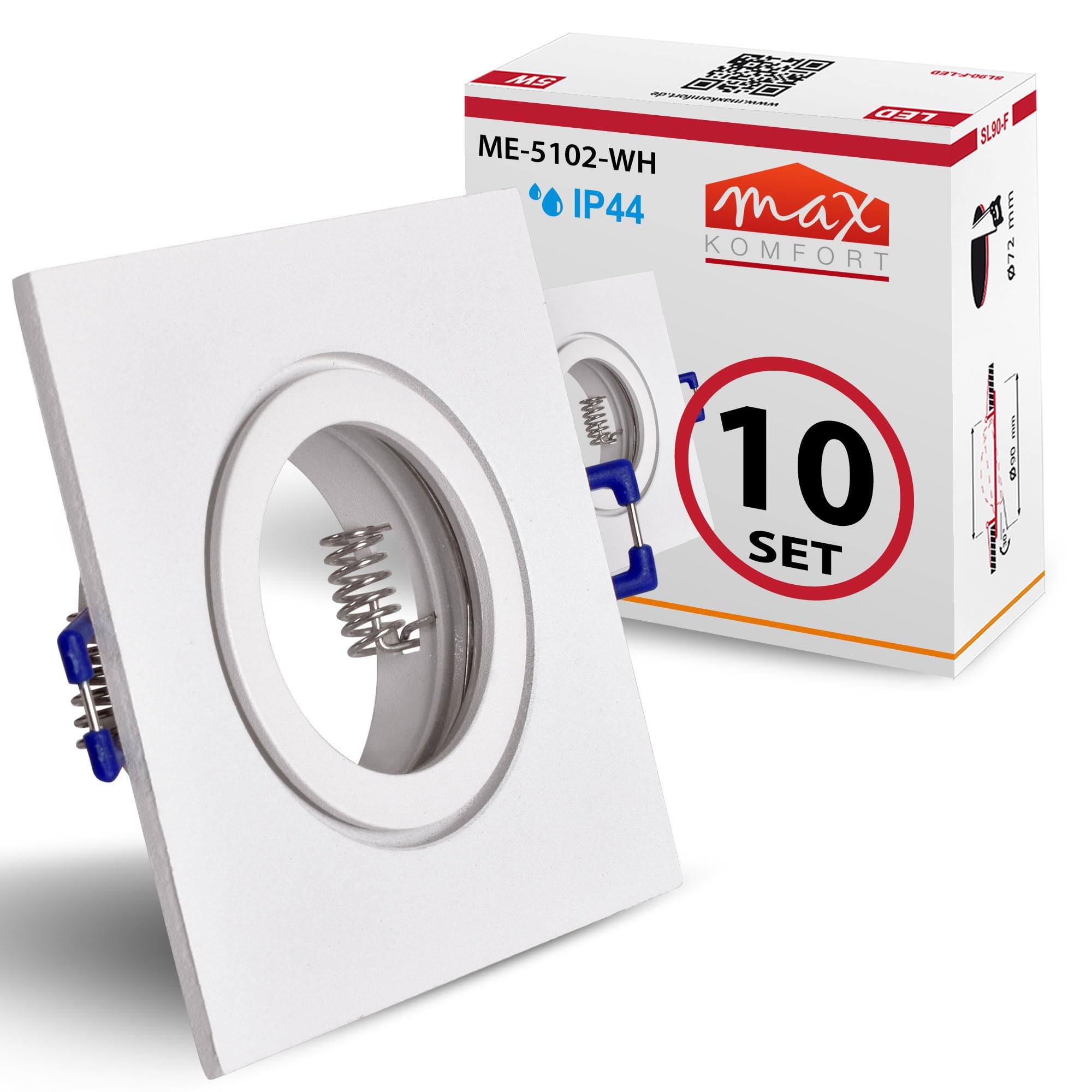 10x Einbaustrahler Bad IP44 mit GU10 Fassung ECKIG weiß Einbauspot Einbauleuchte Rahmen Rostfrei Deckenspot Strahler Spot 5102