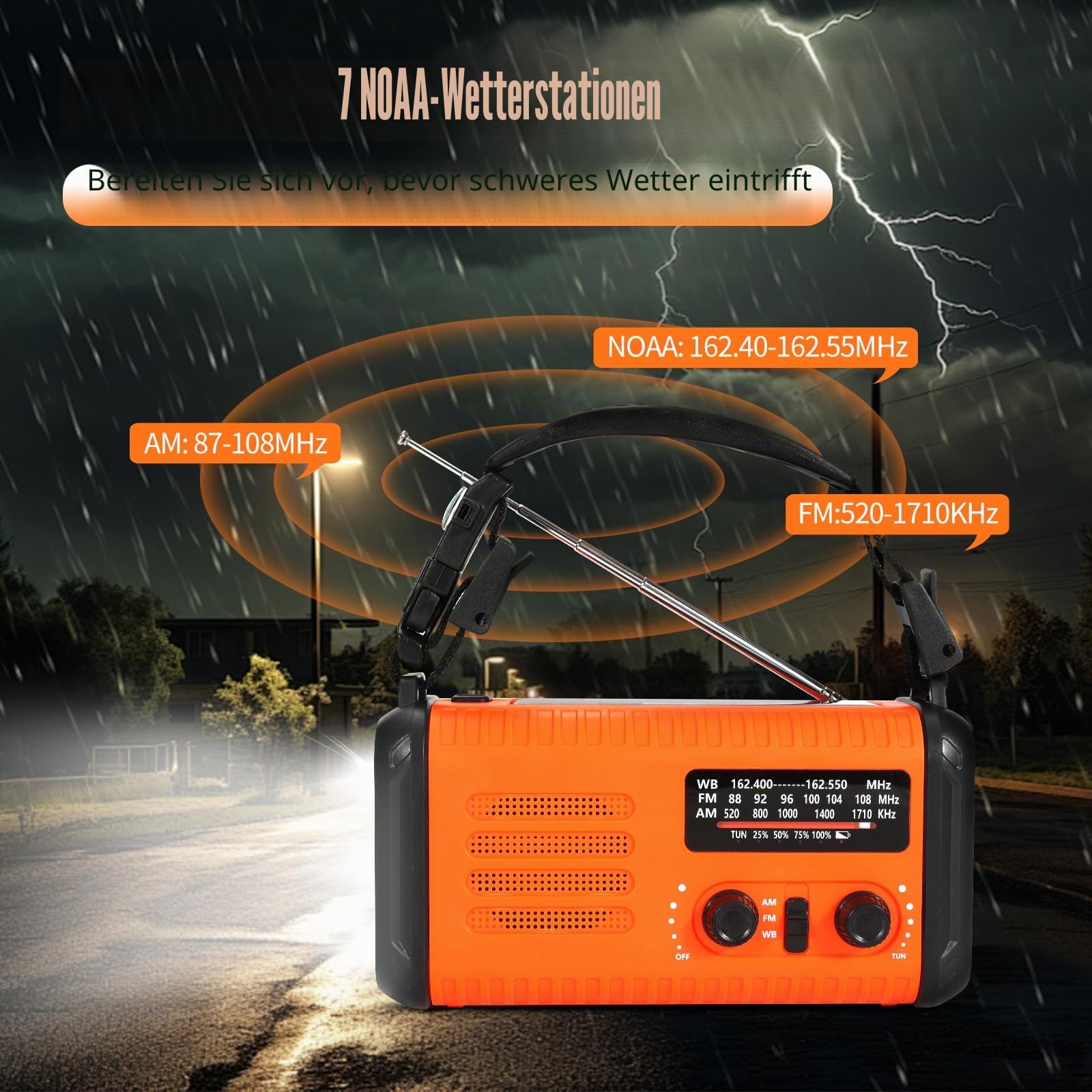Notfall-Solar-Kurbelradio mit 20.000 mAh, AM/FM NOAA tragbares Wetterradio mit USB-Aufladung, Handy-Ladegerät, SOS-Alarm und Taschenlampen-Leselampe, Kopfhöreranschluss, Kompass (orange)