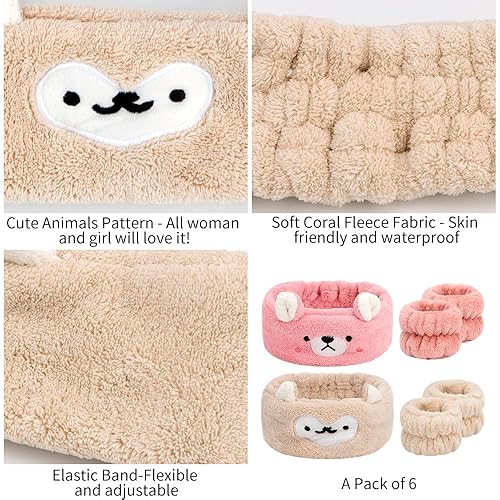 Miniatura 5 de AHONEY Juego de diadema y pulsera para lavado facial, lindo maquillaje spa cuidado de la piel, 1 juego de 4 bandas para el pelo de animales y 2