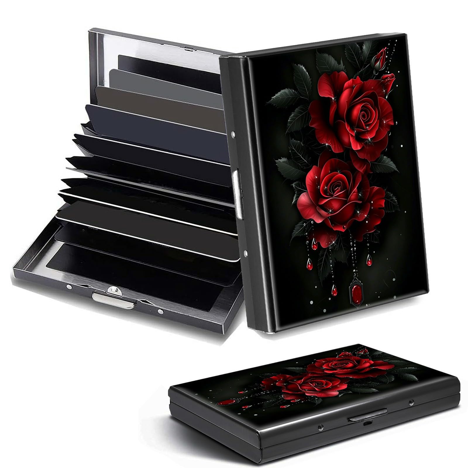 DHYYDSQZ Credit Card Holder, Red Roses Design Mini RFID Blocking Aluminum Wallet Slim Metal Hard Case Shell Travel Wallet ID Case Small Credit Cards