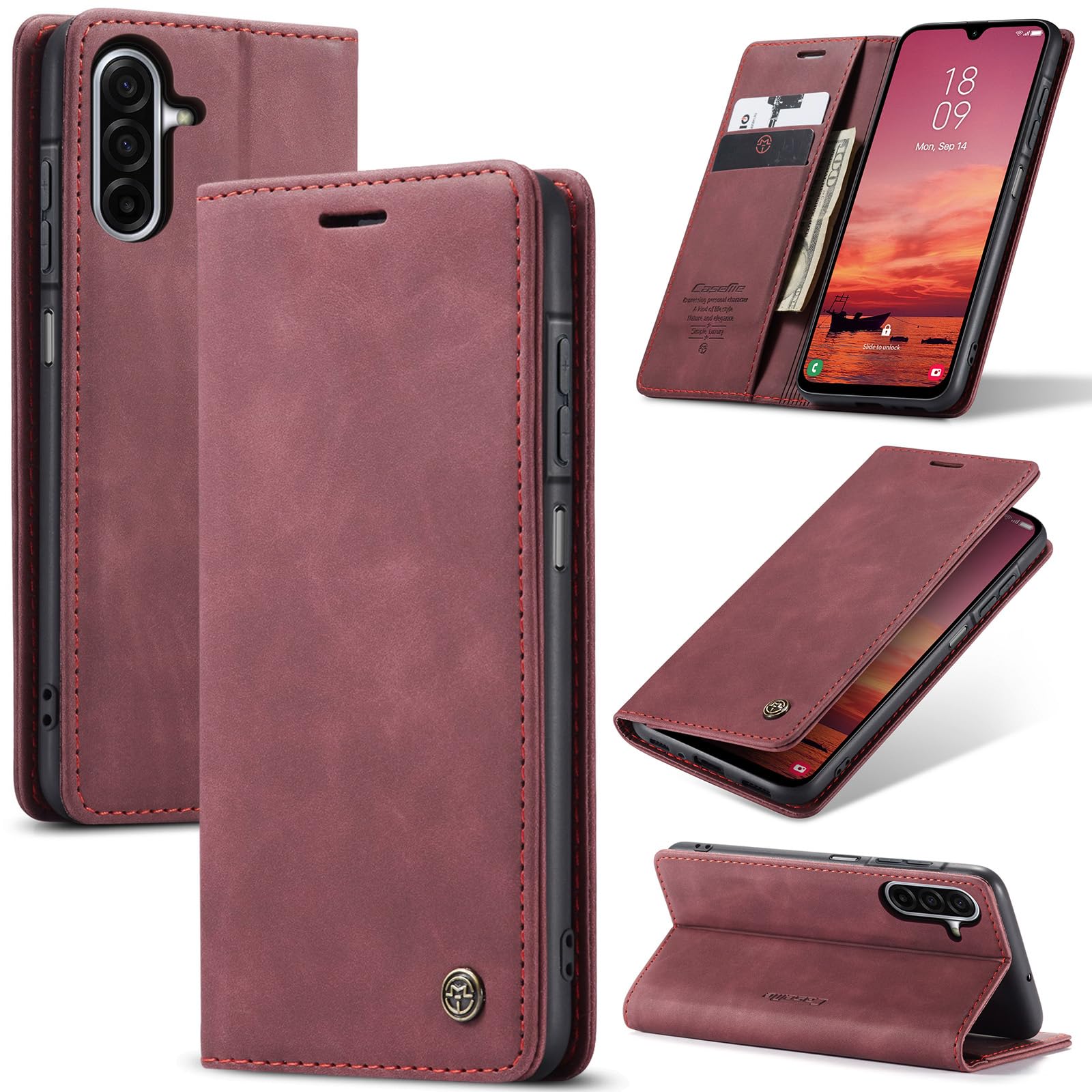 Samokor Cover per Samsung Galaxy A17 5G/4G Pelle Flip Custodia Cavalletto Portafoglio Magnetica Carta Fessura Antiurto per Samsung Galaxy A17,Vino Rosso