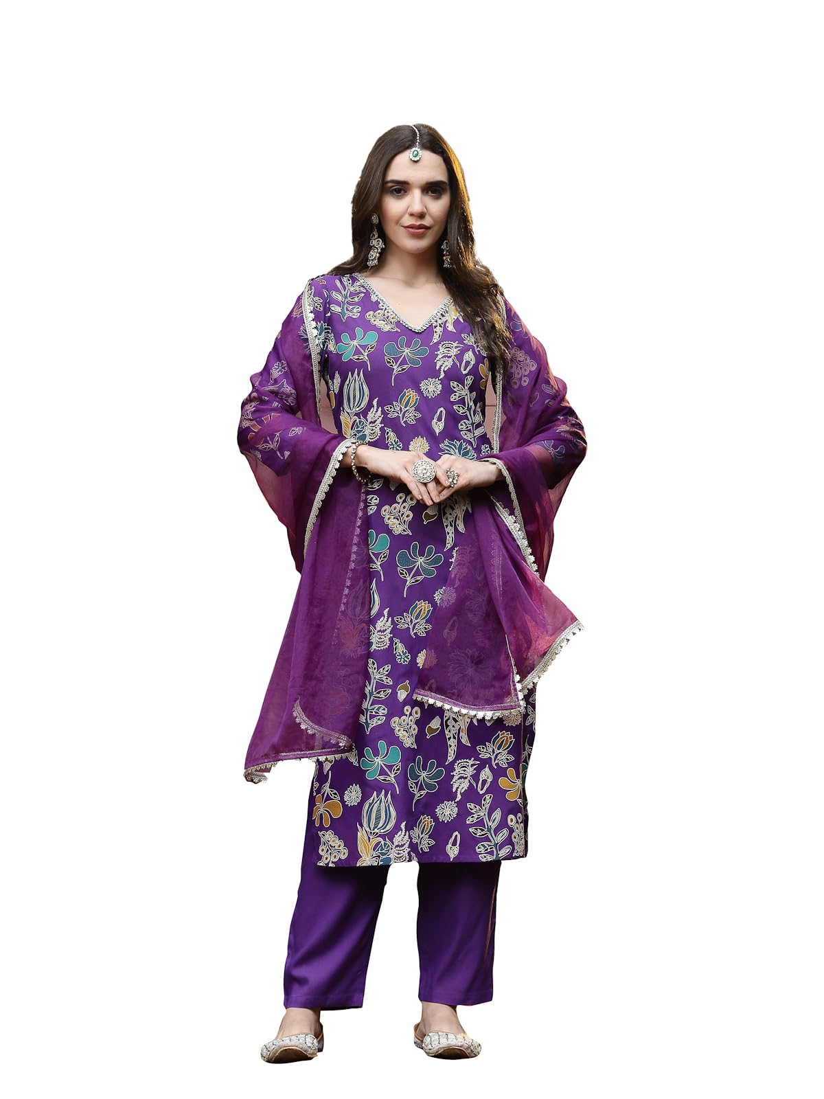 Stylum Women's Floral Printed Rayon Straight Kurta Pant Dupatta Set (Kpdvoilfrance38_Violet, M)