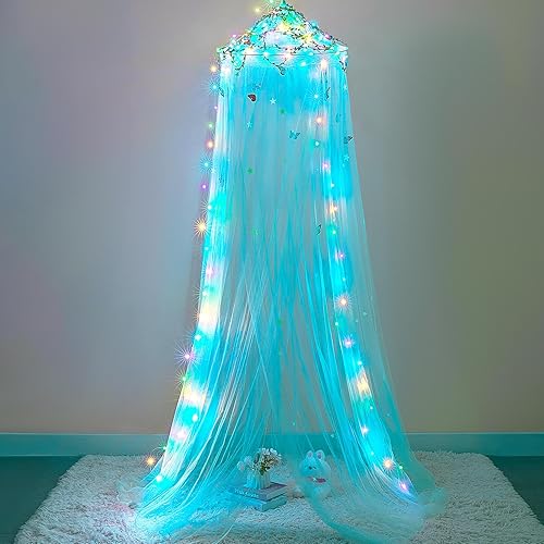 Miniatura 4 de FIOBEE Toldo de cama para habitación de niñas, cortinas con luces LED, mosquitera, decoración de habitación de princesa con estrellas y mariposas
