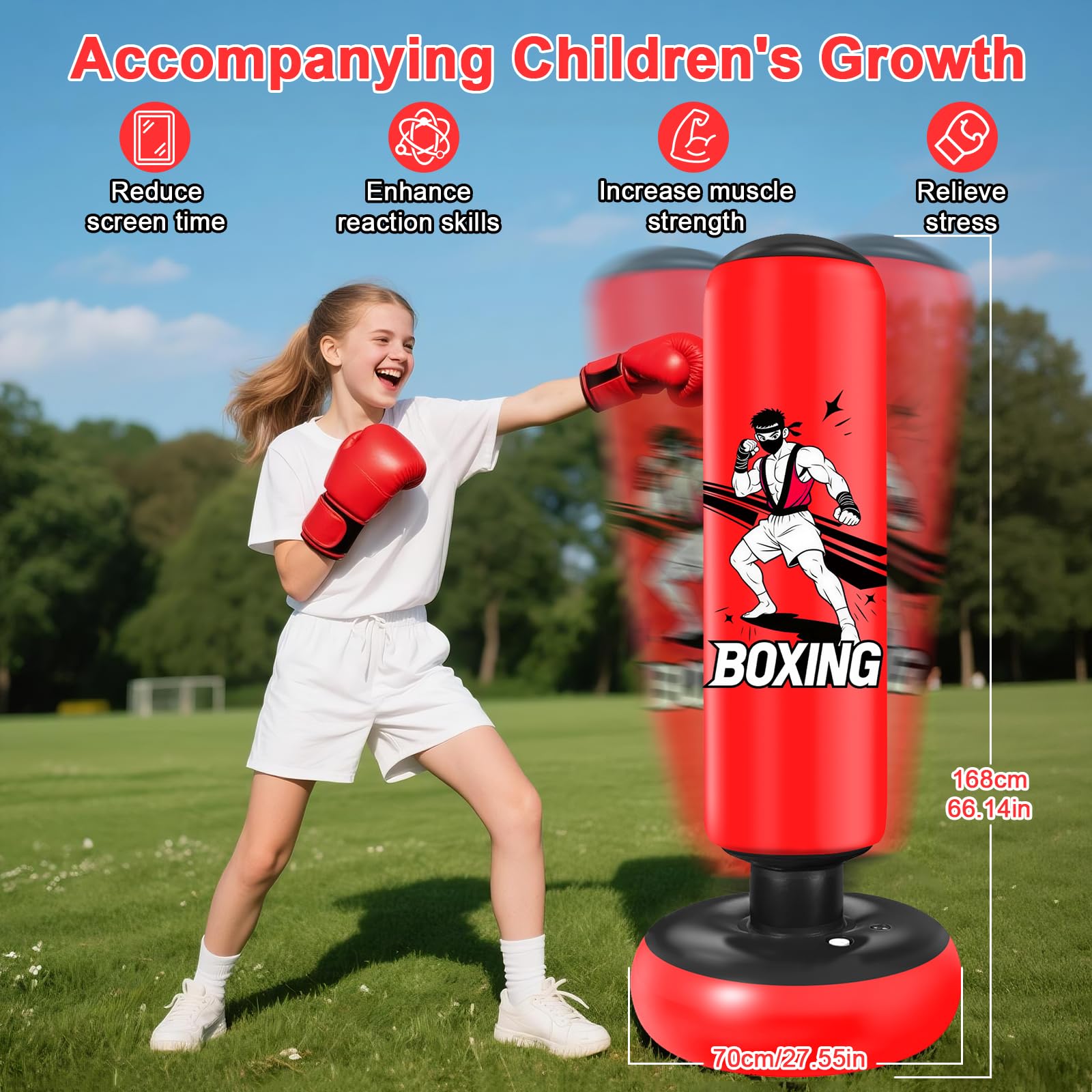 Saco de Boxeo de Pie, 168 cm Saco Boxeo Niños, Inflable Bolsa De Boxe con Guantes y Bomba para Practicar MMA Karate Taekwondo Punching Ball para 5-18 Niños Adolescentes
