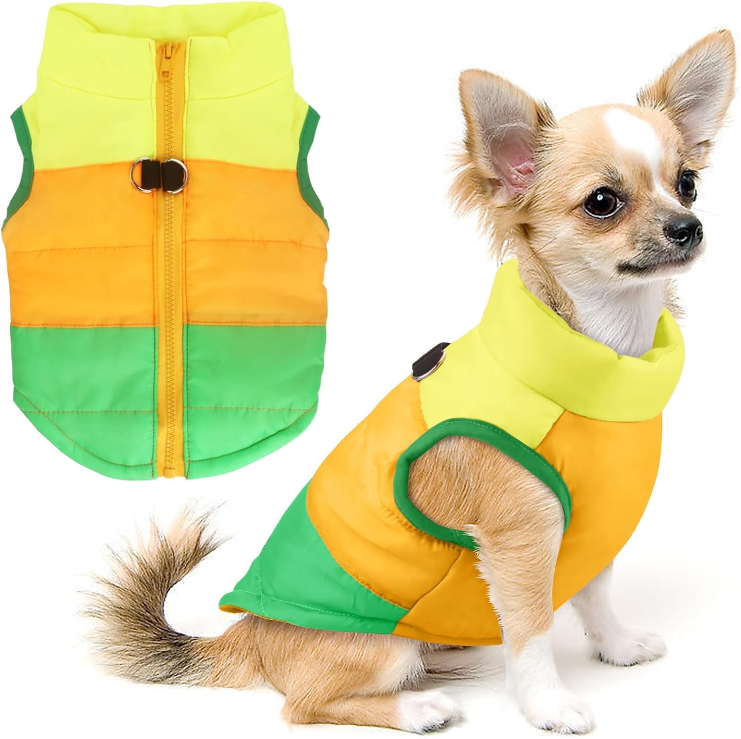 Idepet Pet Dog Cat Coat with Leash Anchor Color Patchwork Padded Puppy Vest Jacket Teddy Chihuahua Costumes Pug Cloth XS S M L(XX-Large,Green)