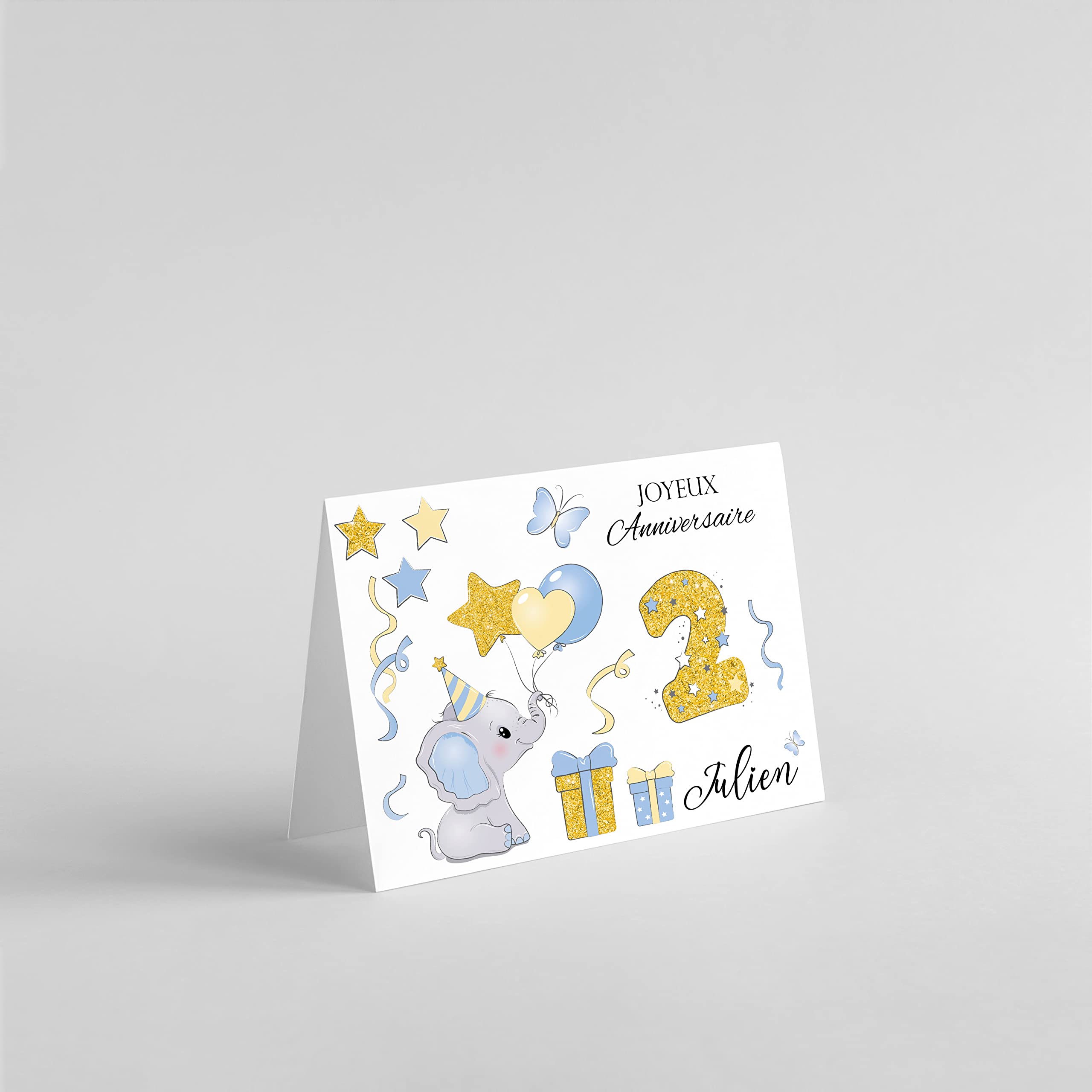 Carte joyeux anniversaire Eléphant garçon fille 1-3 ans personnaliser prénom âge papier glacé enveloppe