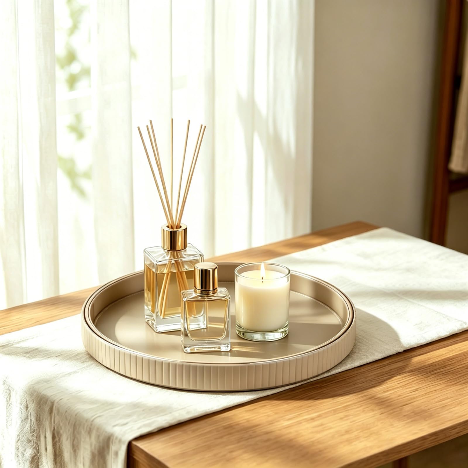 BXUUXA Tablett Serviertablett Rund Ø 30cm Deko Tablett PU Leder mit Goldrand Küchentablett Tischtablett Ablageschale Valet Tablet Kellnertablett für Küche Wohnzimmer Schlafzimmer(Beige) Küche, Haushalt & Wohnen