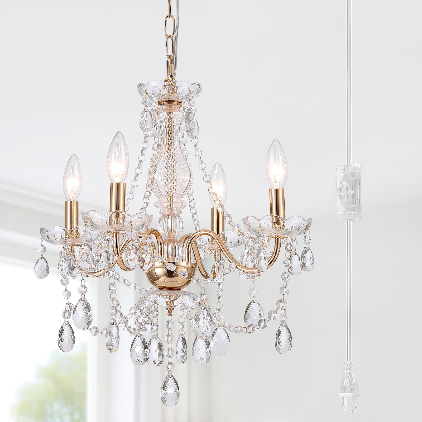 Photo 1 of AMZASA Plug in Crystal Chandelier,French Country Gold Crystals Chandelier Pendant Lighting, 4 Light Glass Crystal Light for Living Room, Wedding, Island, Bedroom, Hallway,Foyer,Electroplating