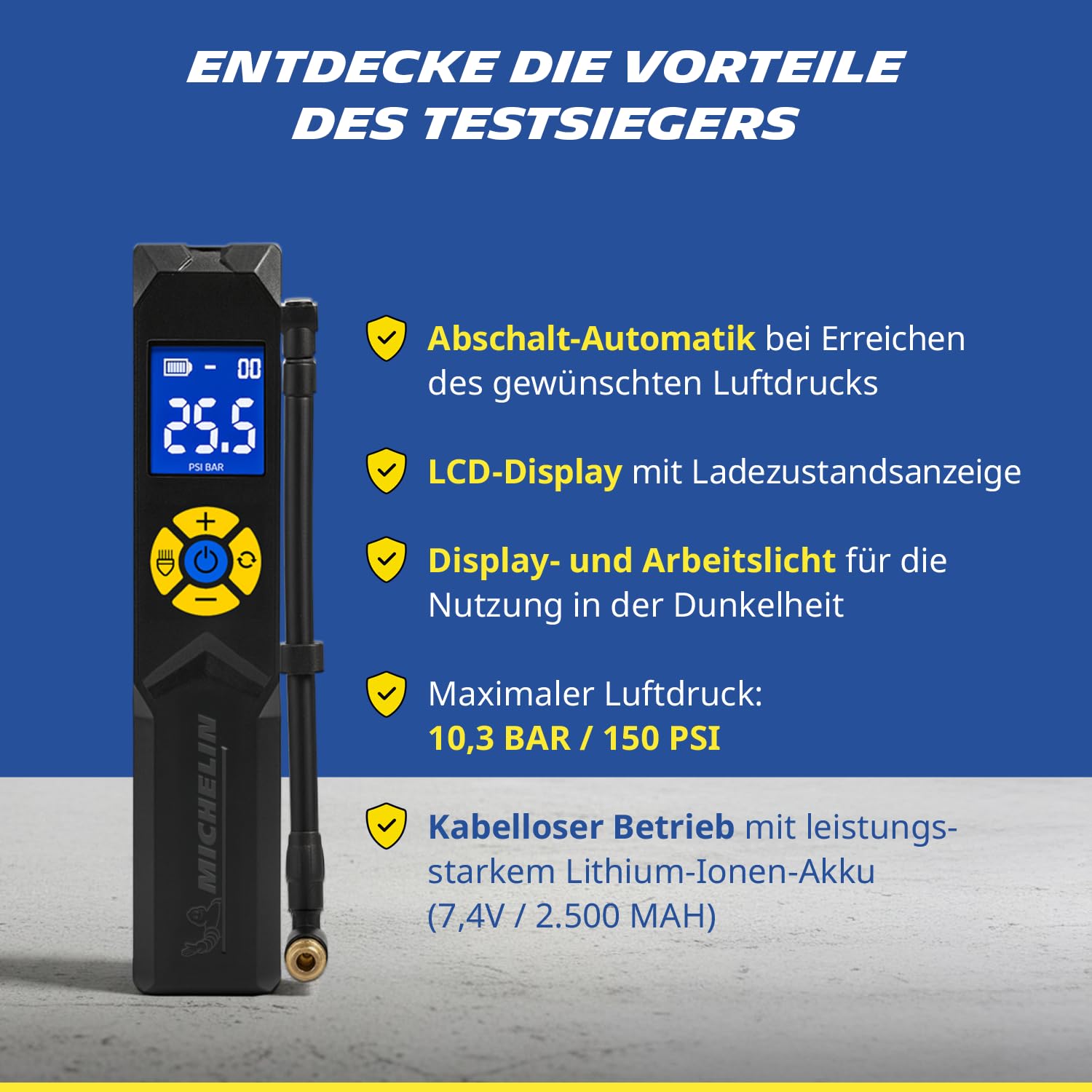 MICHELIN Air Power Mini 1 Li-Ionen Akku Mini-Kompressor kabellos – Elektrische Luftpumpe 9,9 bar mit Digitaldisplay, Auto-Stopp & LED für Auto, Fahrrad, E-Bike & Motorrad | Elektrische Luftpumpe 9,9 bar mit Digitaldisplay, Auto-Stopp & LED für Auto, Fahrr