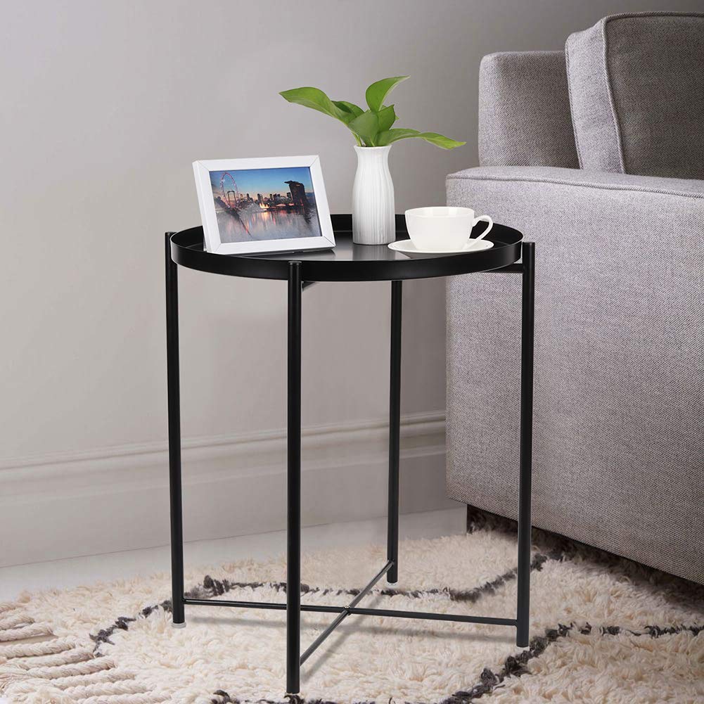 Folding Metal Tray End Table,Round Sofa Side Coffee Table,Black Side Table 18.7" D x 20.9" H