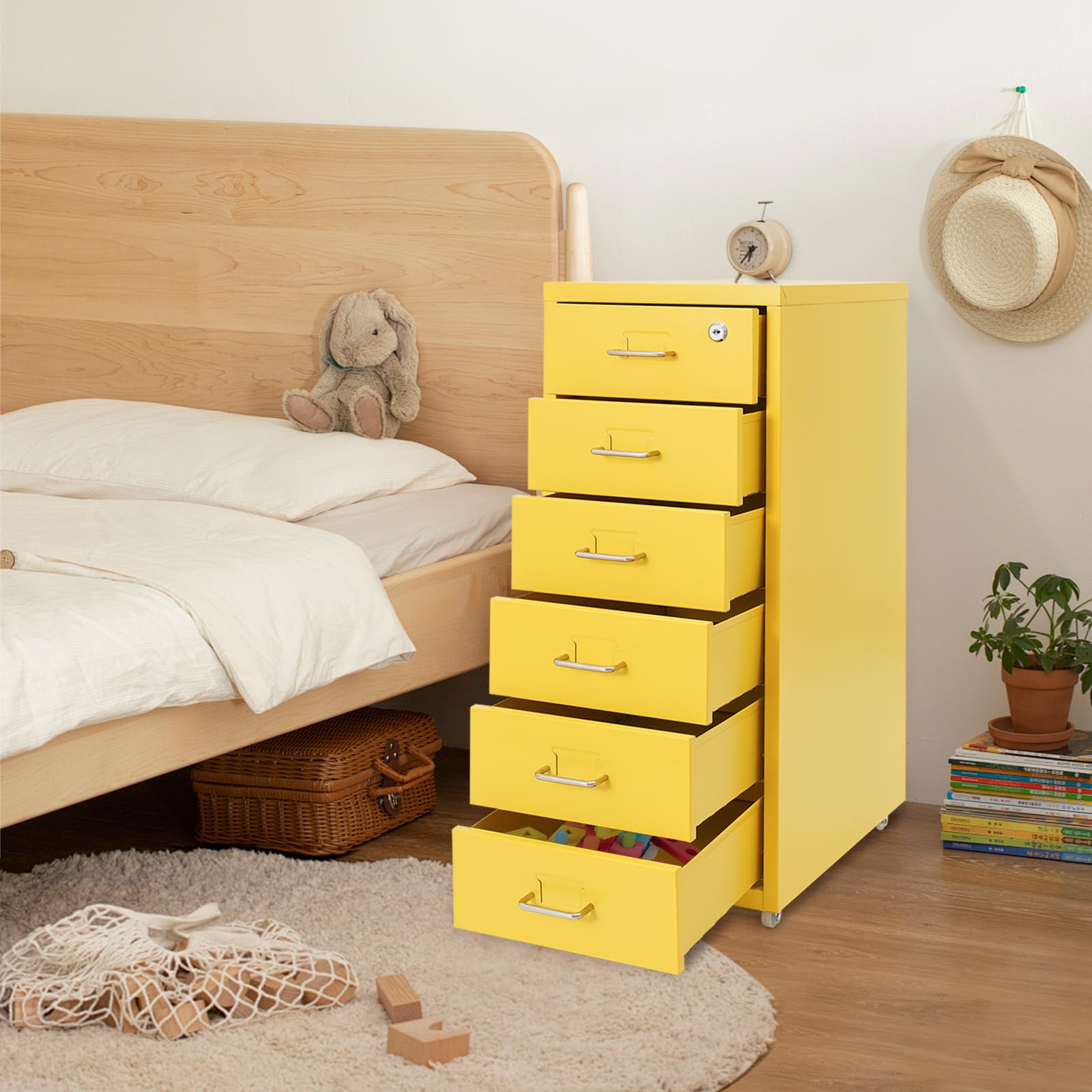 Conteneur à roulettes en métal - Meuble de bureau pour bureau - Organiseur de bureau avec 6 tiroirs - Armoire à tiroirs verrouillable sur roulettes - 28 x 41 x 69 cm - Jaune