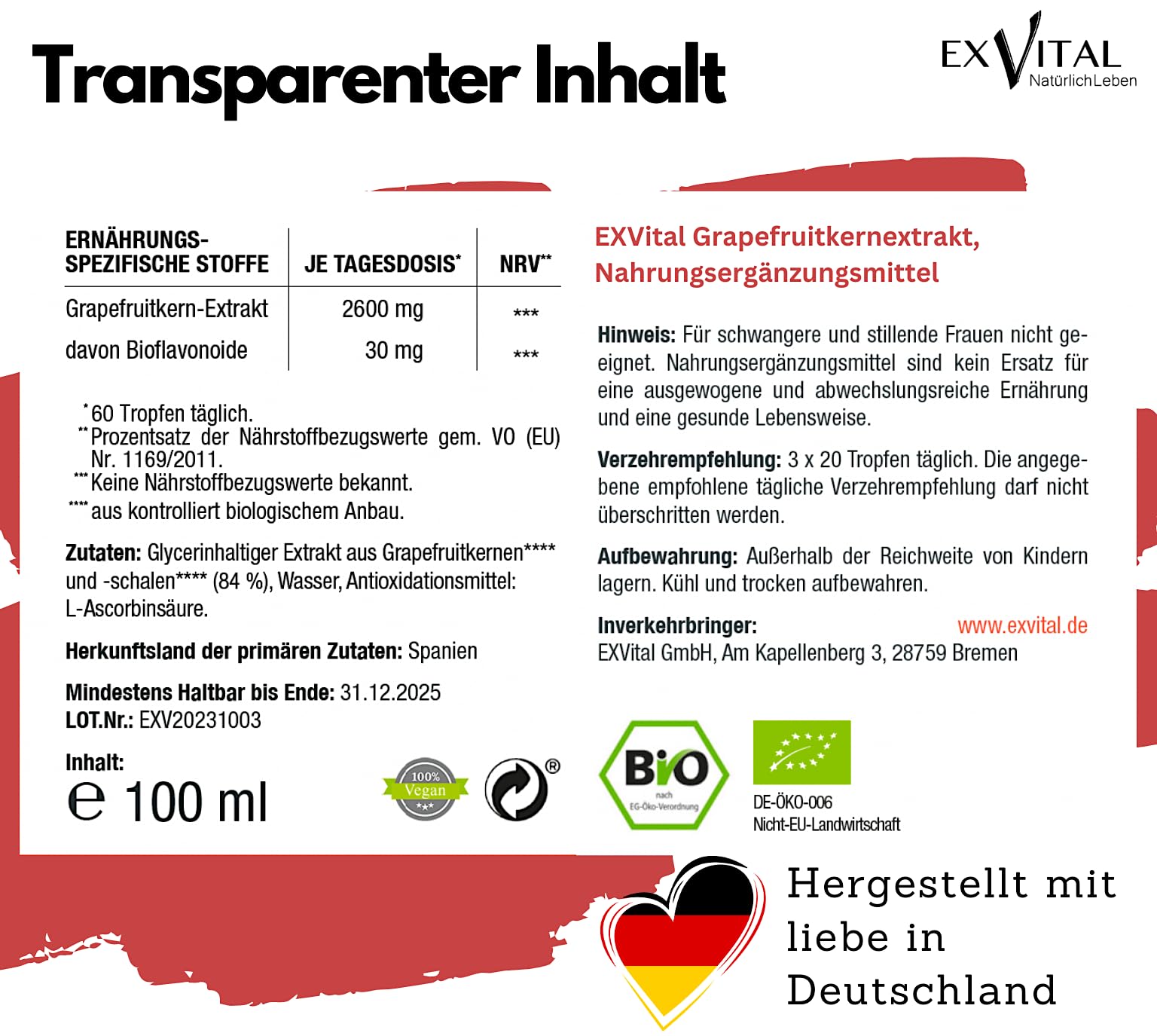 EXVital Bio Grapefruitkernextrakt, 2600mg Grapefruit Extrakt aus Kern und Schale,100ml Flasche, laborgeprüft und biozertifiziert.. Hochdosiert, vegan. ApoTest: "Sehr gut"