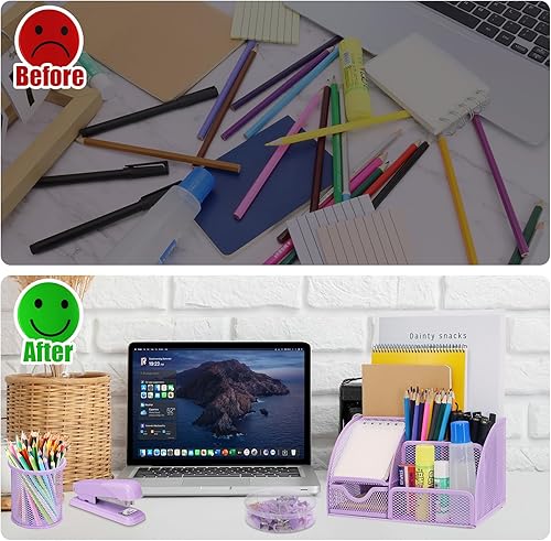 Miniatura 9 de SYMDROMIA Juego de organizador de escritorio de oficina 13 en 1 con grapadora y dispensador de cinta, soporte para bolígrafos, tijeras, regla,