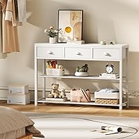 Vista 6 de Furologee White Entryway Table, 38'' Console Sofa Table with 3 Fabric Drawers, Industrial Entry Way Table with Storage Shelves, Display Shelf for