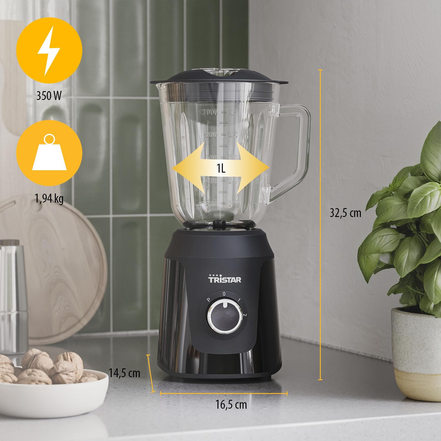 Tristar Blender, récipient en verre de 1 l, 2 vitesses, fonction pulse pour piler la glace, pièces résistant au lave-vaisselle, noir, 350 W, Smoothie Maker BL-4482