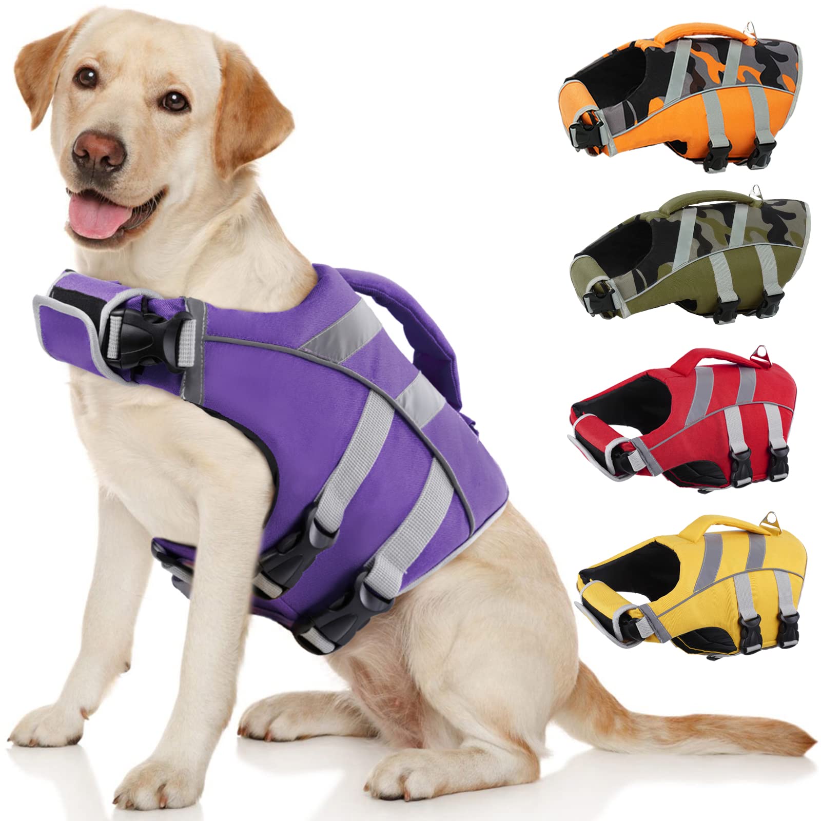 Kuoser Dog Life Jacket with Reflective Stripes, Adjustable High Visibility Ripstop Pet Life Preserver for Small, Medium and Large Dogs