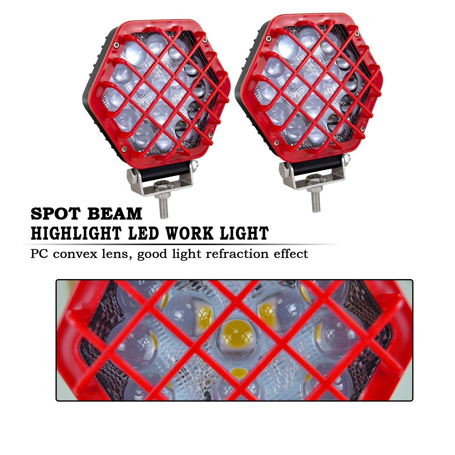RIGIDON 4 szt. 12 cm 48 W kwadratowe czerwone światło robocze LED, wodoodporna wiązka punktowa 5D, 12 V 24 V lampa do samochodu terenowego łodzi ciężarówki 4 x 4 SUV ATV traktory koparka, 6000 K białe reflektory przeciwmgielne lampa