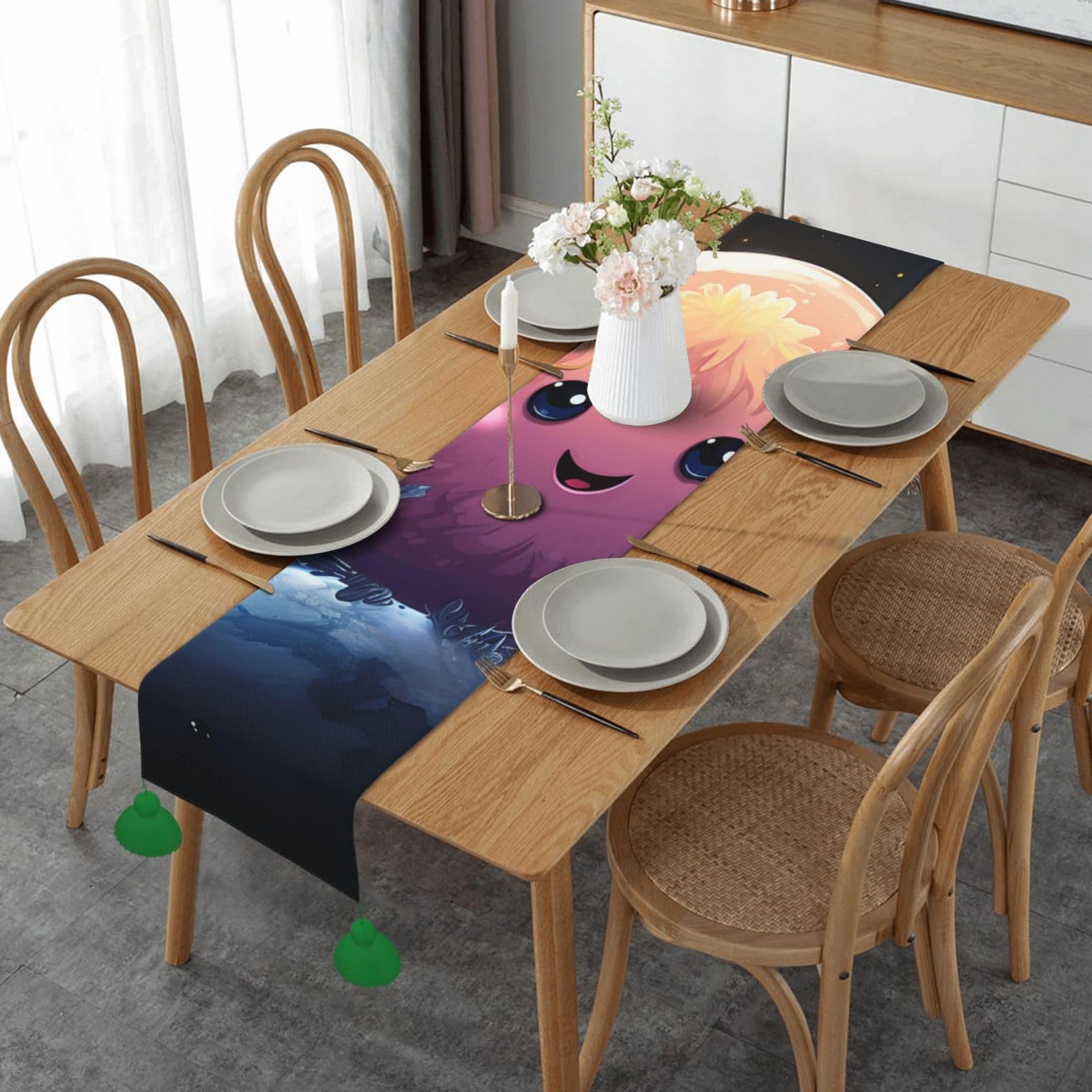 Chemin de table en lin avec pampilles rustiques et planètes mignonnes 35x152 cm