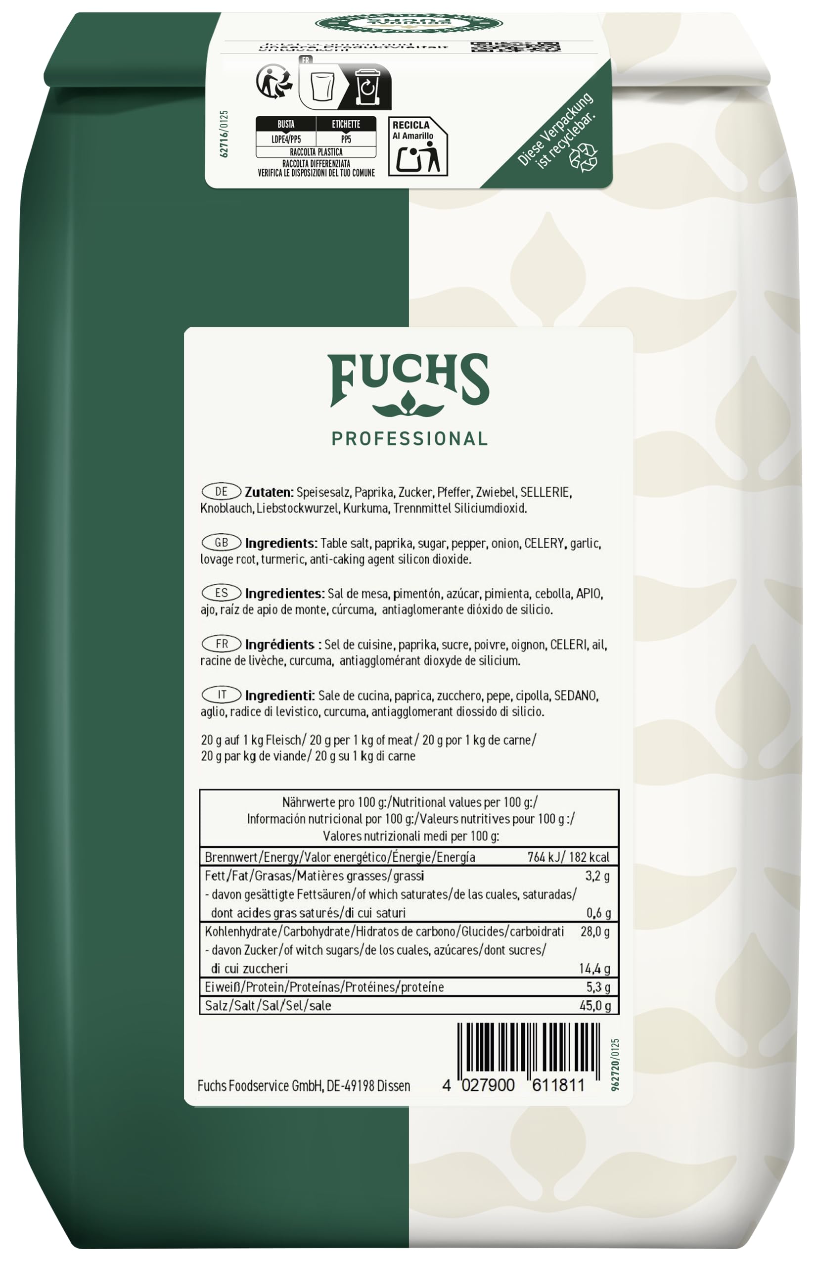 Fuchs Professional - Assaisonnement salé pour steak au barbecue | 1,5 kg dans un sac | Pour assaisonner les steaks frits ou grillés | Qualité professionnelle pour les gros consommateurs