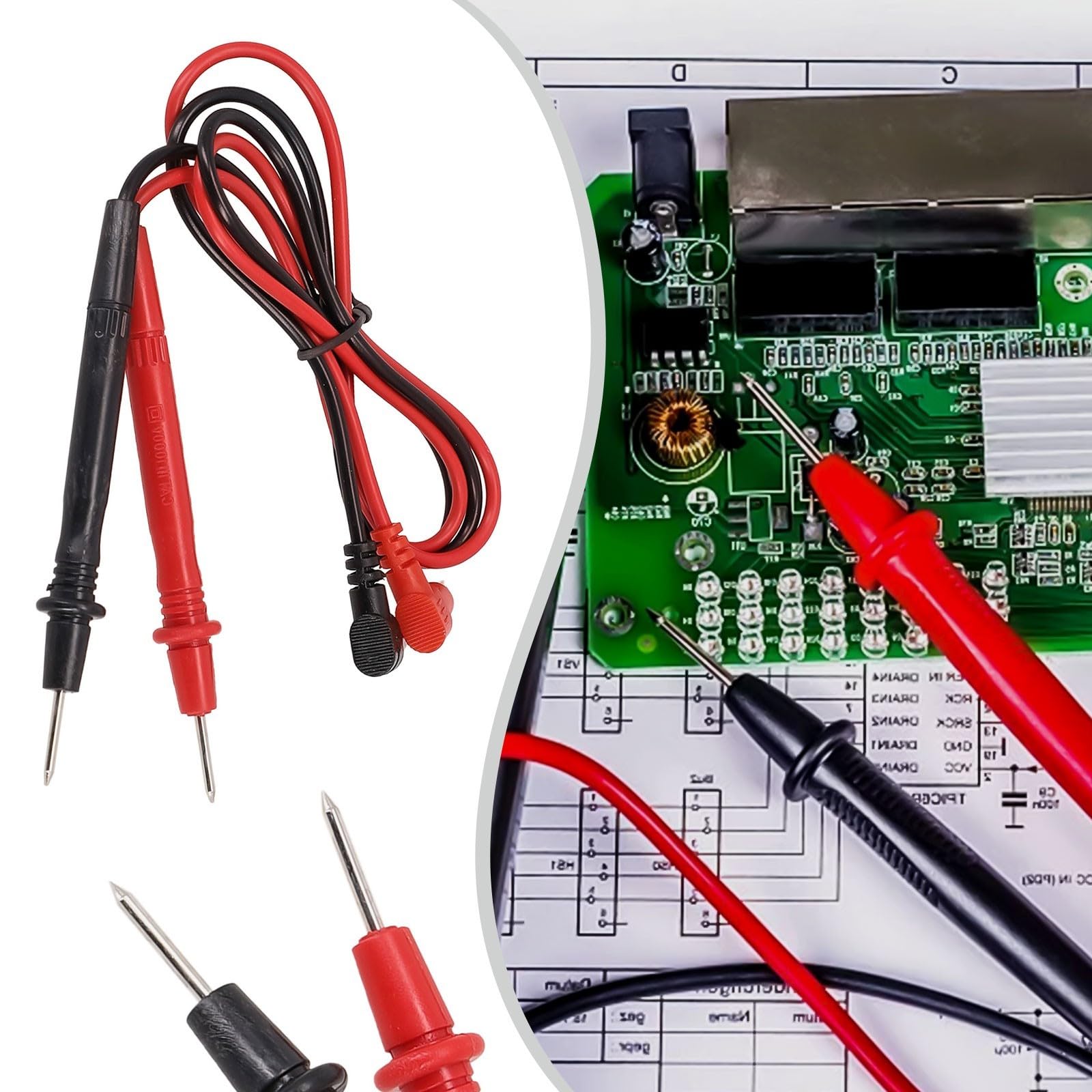 Cavi di prova per multimetro 1000 V 10 A, conduttori in rame schermato in silicone con punte in plastica resistente al calore, lunghezza 70 cm, rosso e nero, per multimetro standard tester