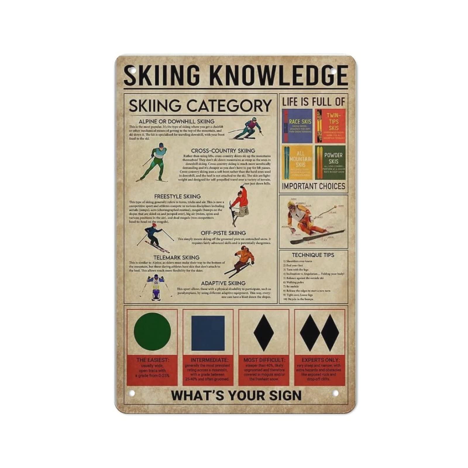 AOOEDM Skiing Knowledge Wall Metal Tin Sign for Home Bar Pub Kitchen Wall Art Deocr Man Cave Vintage Metal Sign Poster Plaque Signs Quotes Sign