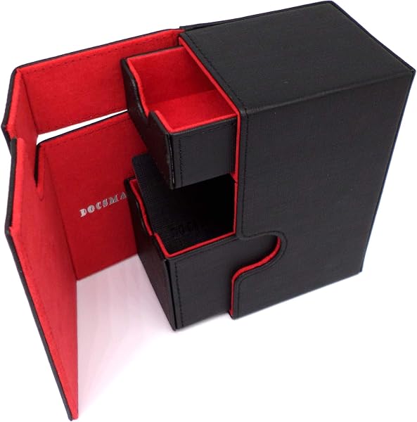docsmagic.de Premium Magnetic Tray Box (100) Black/Red + Deck Divider - MTG - PKM - YGO - Caja Negra/Roja - 1