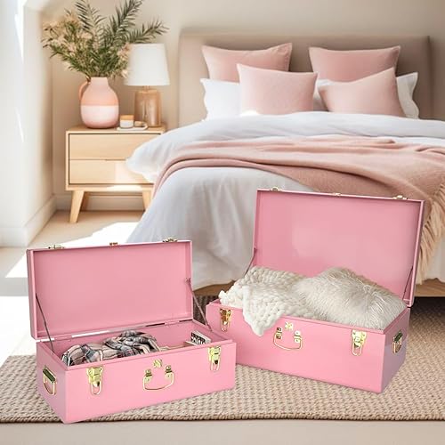 Miniatura 102 de Vixdonos Juego de 2 baúles decorativos de almacenamiento de caja de metal con asa (blanco con cierres de bronce) Blanco con cierres de bronce,Beige