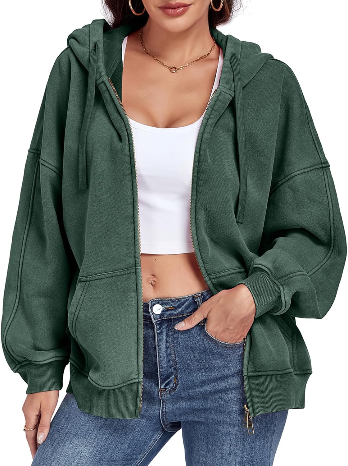 WOWULOVELY Womens and Mens Zip Up Hoodies Acid Wash Long Sleeve Oversized Sweatshirts Distressed Fleece Jacket with Pockets - Image 5