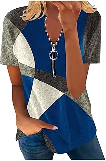 Bovake Blusenshirt Damen Langarm Frauen Mode Lässig Kurze Ärmel Reißverschluss Rundhalsausschnitt Druck Tops Bluse Bluse S...